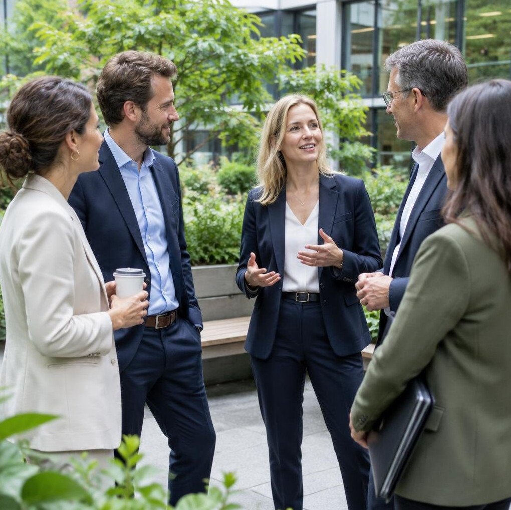 Small group of executives talking in a green courtyard