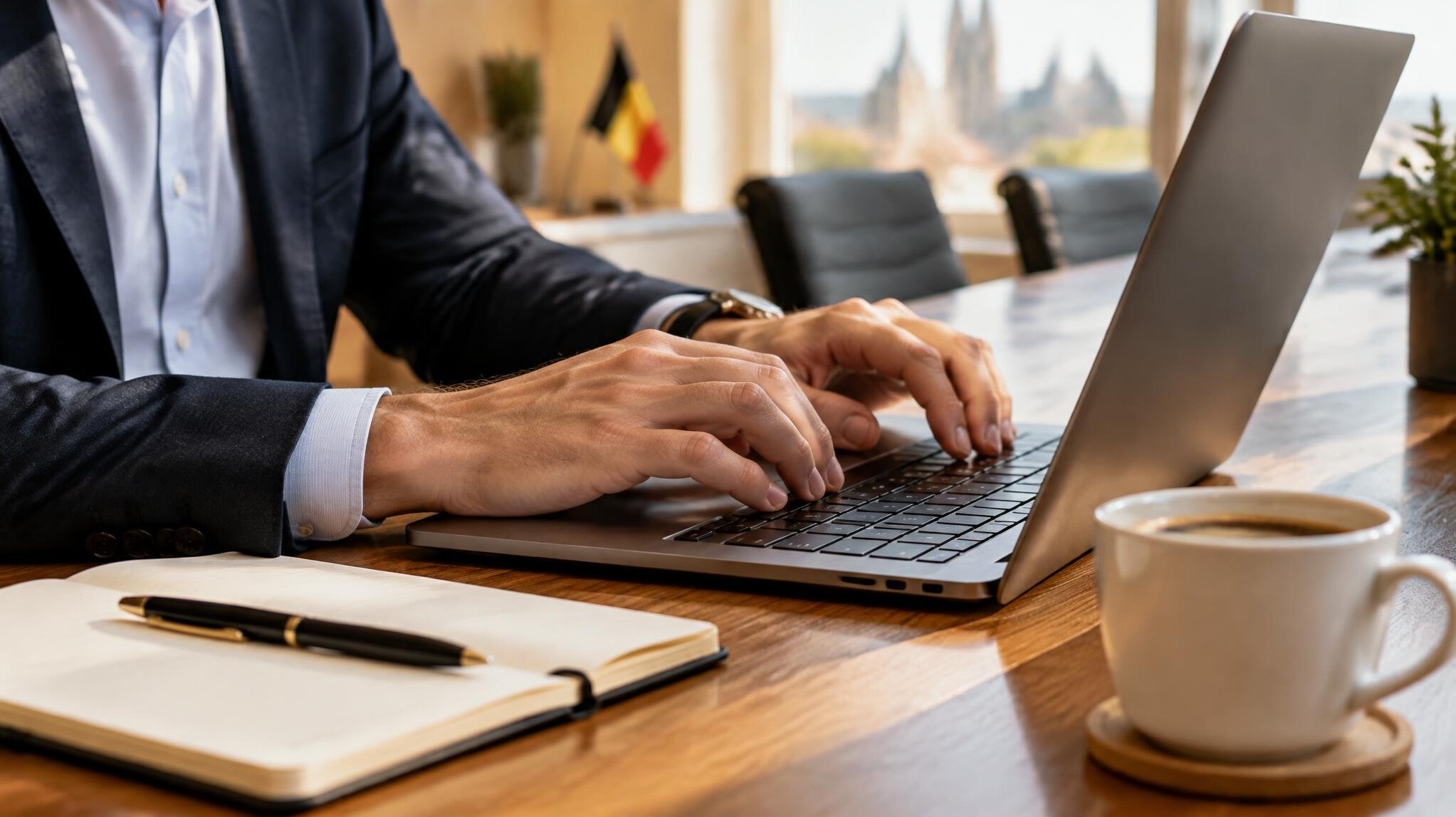 Close-up of hands typing on a laptop during a meeting