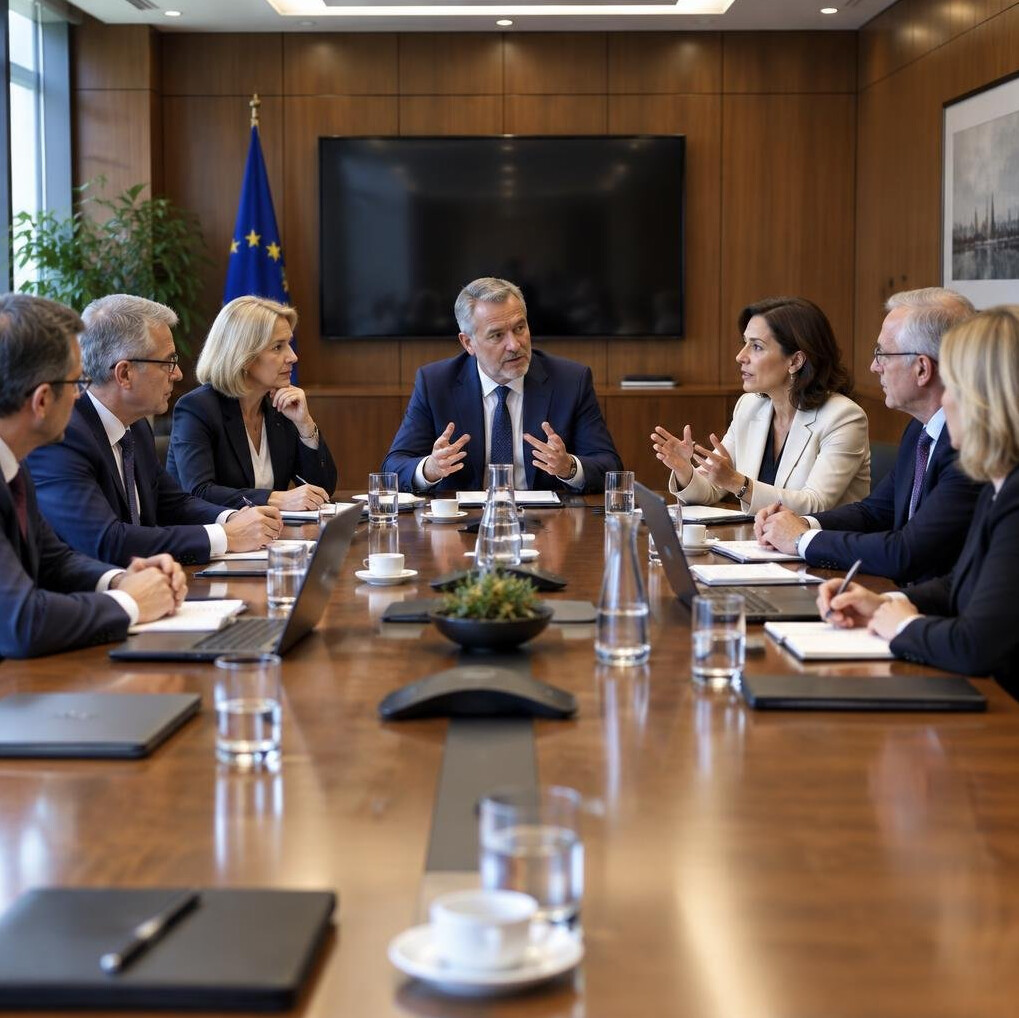 Executives seated at a long boardroom table in discussion