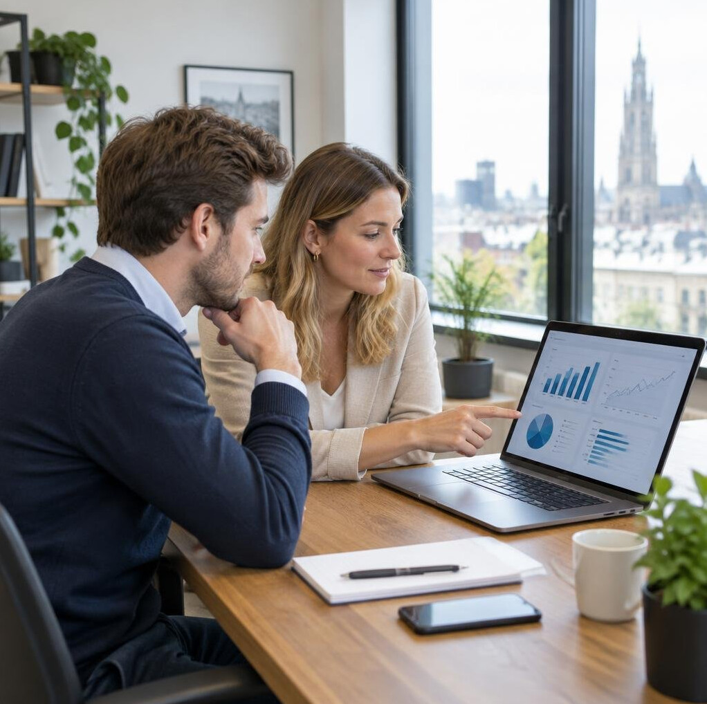 Two business professionals reviewing data on a laptop