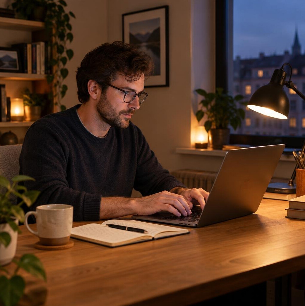 Person working at a desk lit by a lamp in the evening