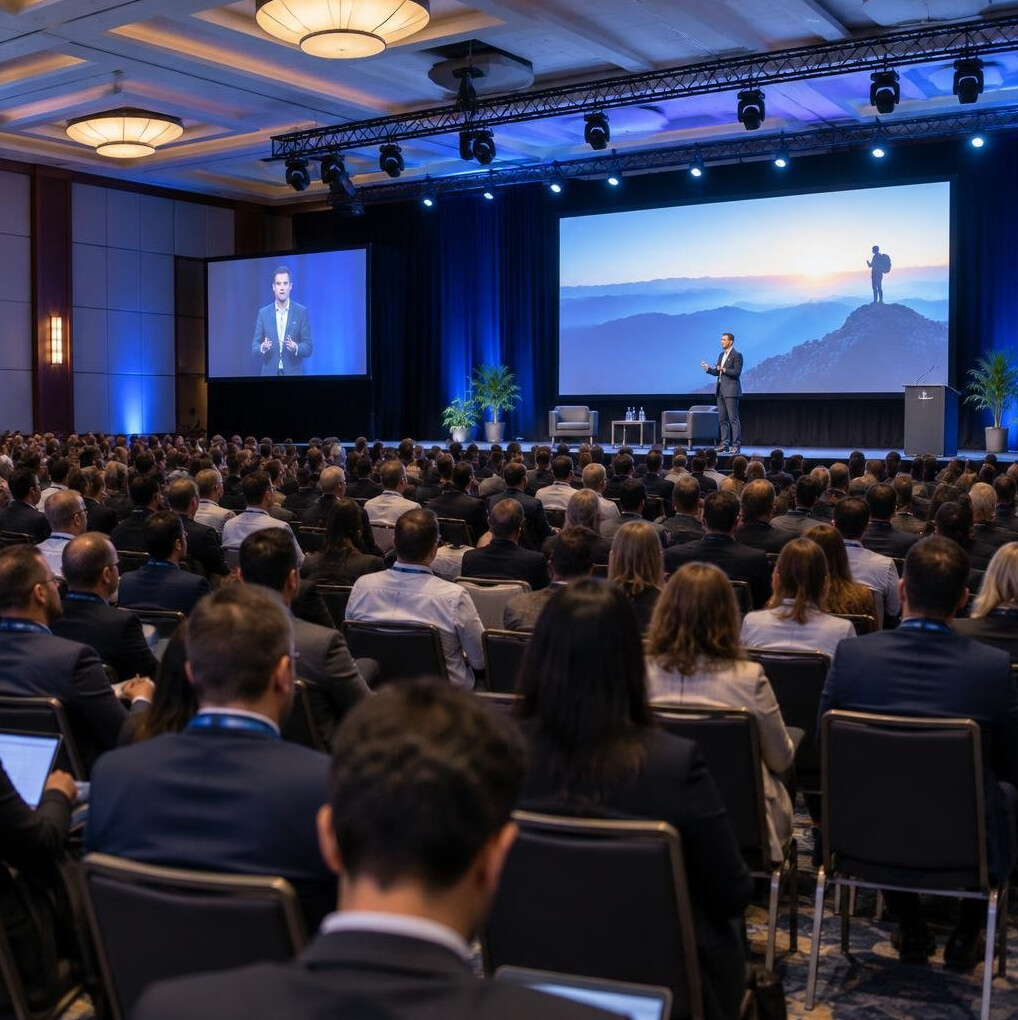 Audience listening to a speaker at a conference hall