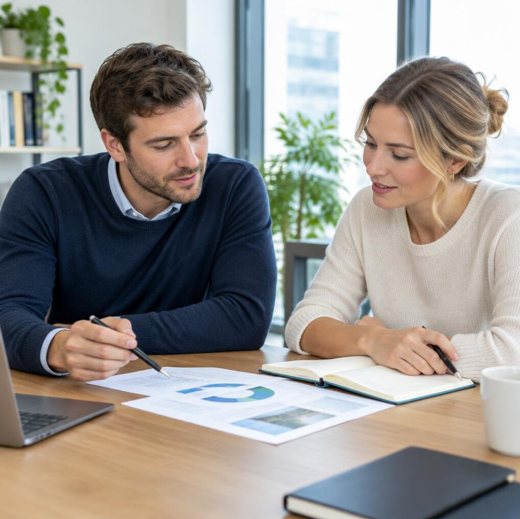 Two colleagues discussing documents at a wooden desk