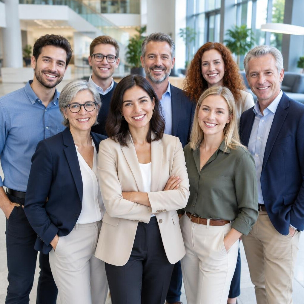 Diverse group of colleagues smiling during a meeting